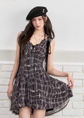 Velvet strap plaid sleeveless mid length dress